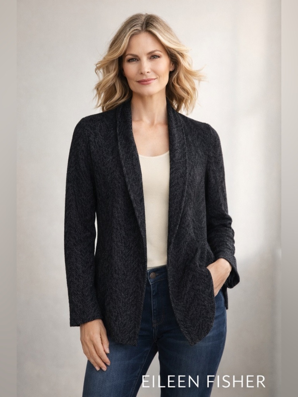 EILEEN FISHER Herringbone  Black/grey open front collared blazer. XS P2P 19.5